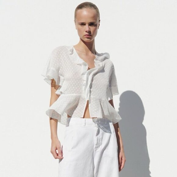 ZARA RUFFLED V NECK BLOUSE - Picture 1 of 6